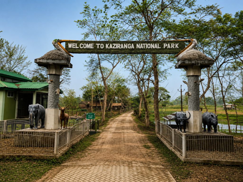 Entrance to Kaziranga National Park with a sign overhead, flanked by statues of elephants and rhinoceroses, trees lining the dirt path, and some buildings visible on the left.