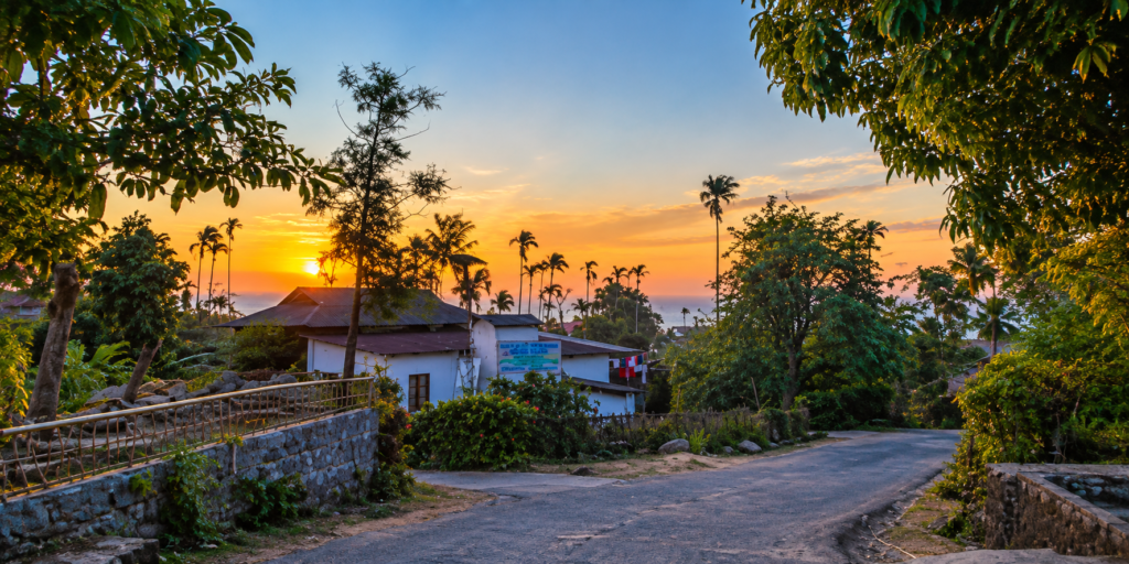 A quiet road curves past houses and lush trees at sunset, with palm trees silhouetted against a colorful sky and the sea visible in the distance.