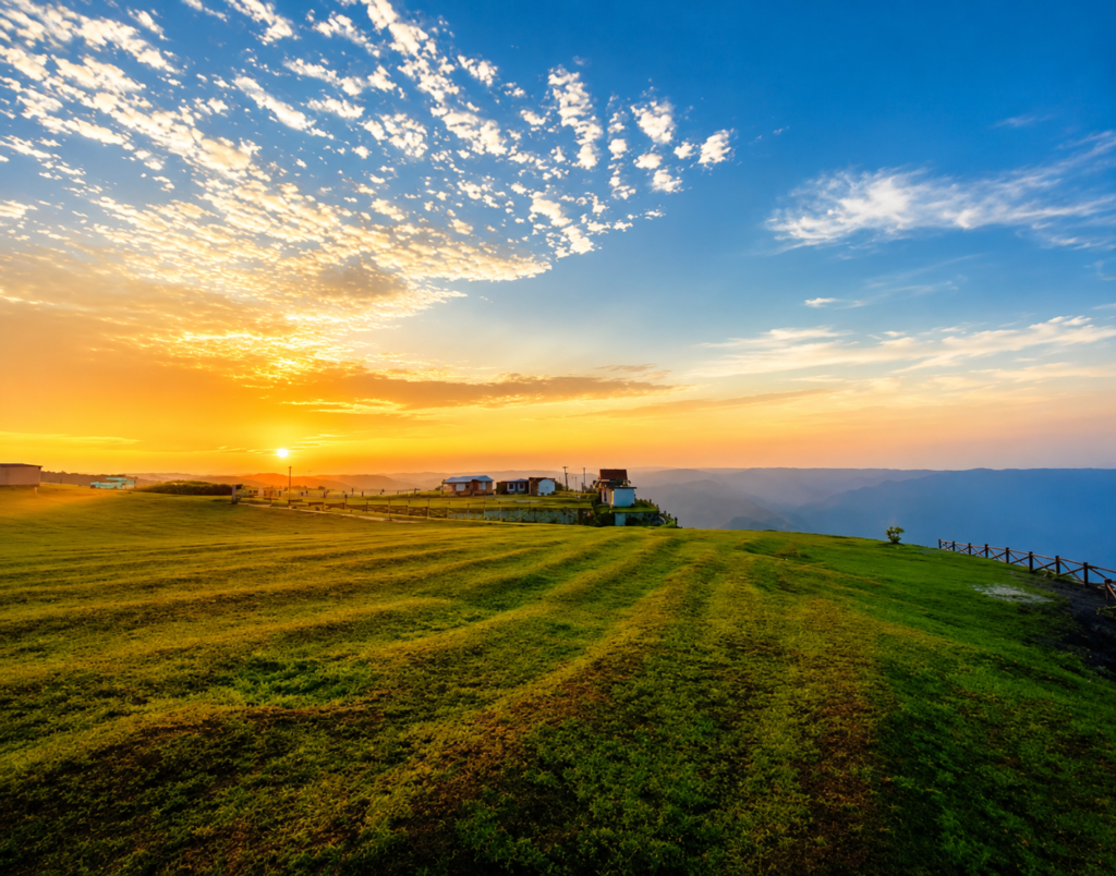 A bright sunrise over a wide green field with scattered clouds, a few small buildings in the distance, and mountains under a blue sky.