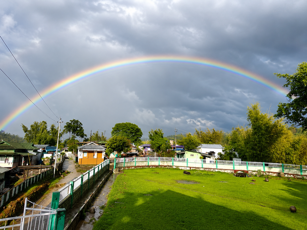A vivid rainbow arcs across a cloudy sky above a small village with green lawns, fencing, and houses, after a rain shower.